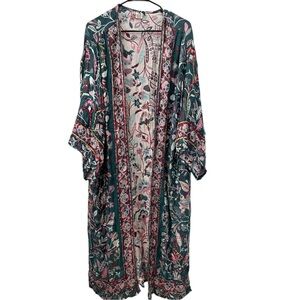 Ayka 100% Rayon Floral Kimono Duster Robe Cover-Up Boho EUC Made in India